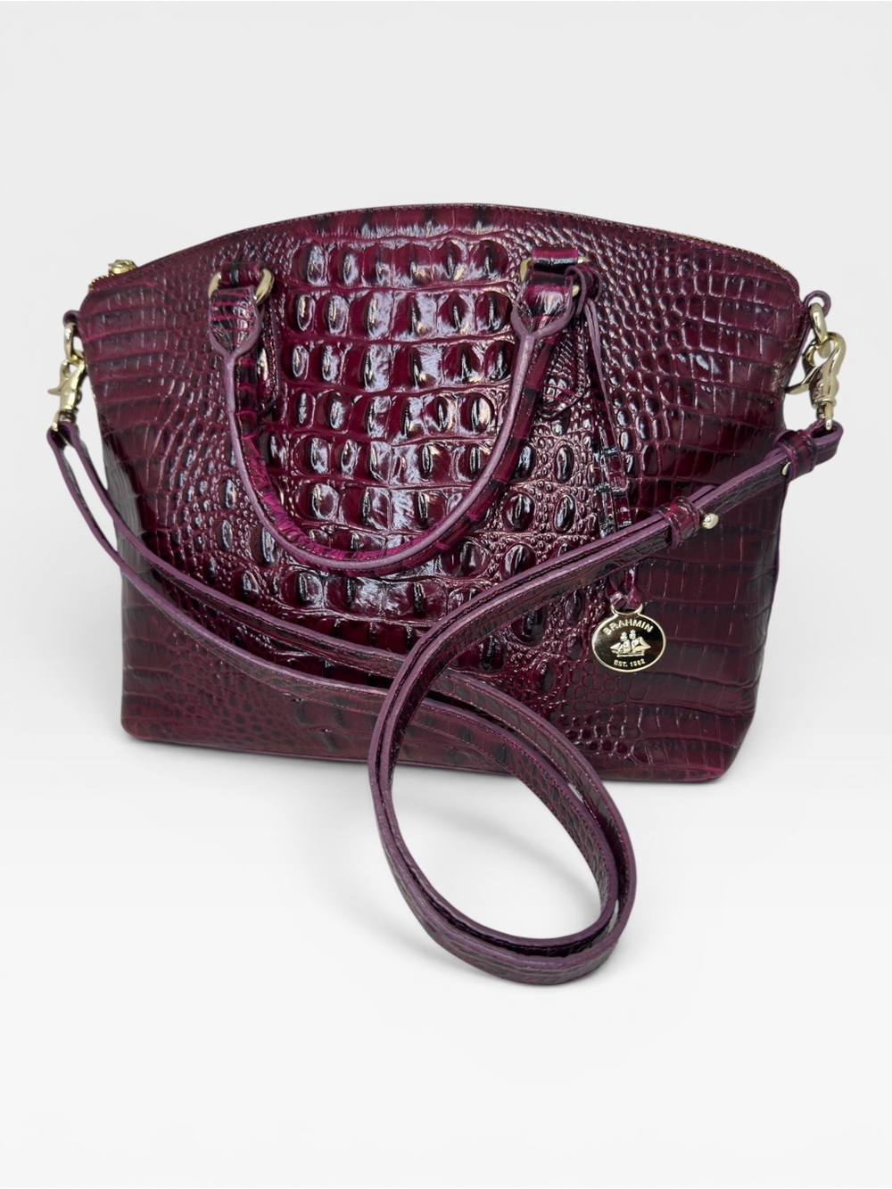 Brahmin Duxbury Large Satchel Crocodile Genuine Leather Red Cherry Burgundy